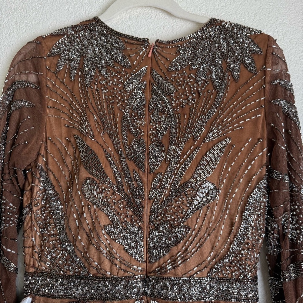 Mac Duggal Mocha Brown Beaded Long Sleeve Tulle Midi Cocktail Dress - Picture 12 of 14